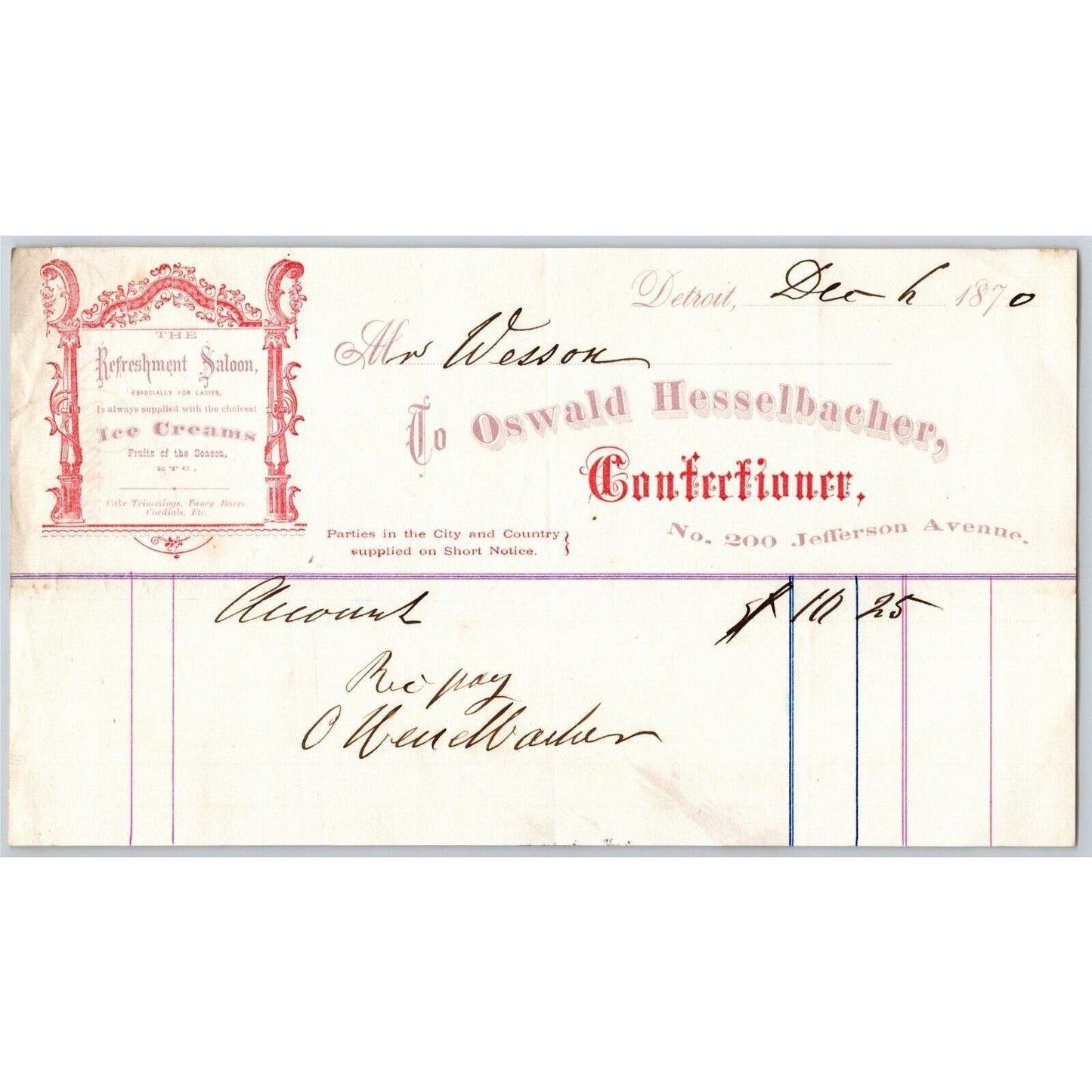Detroit Letterhead Oswald Hesselbacher Confectioner Saloon for Ladies - 1870 Red