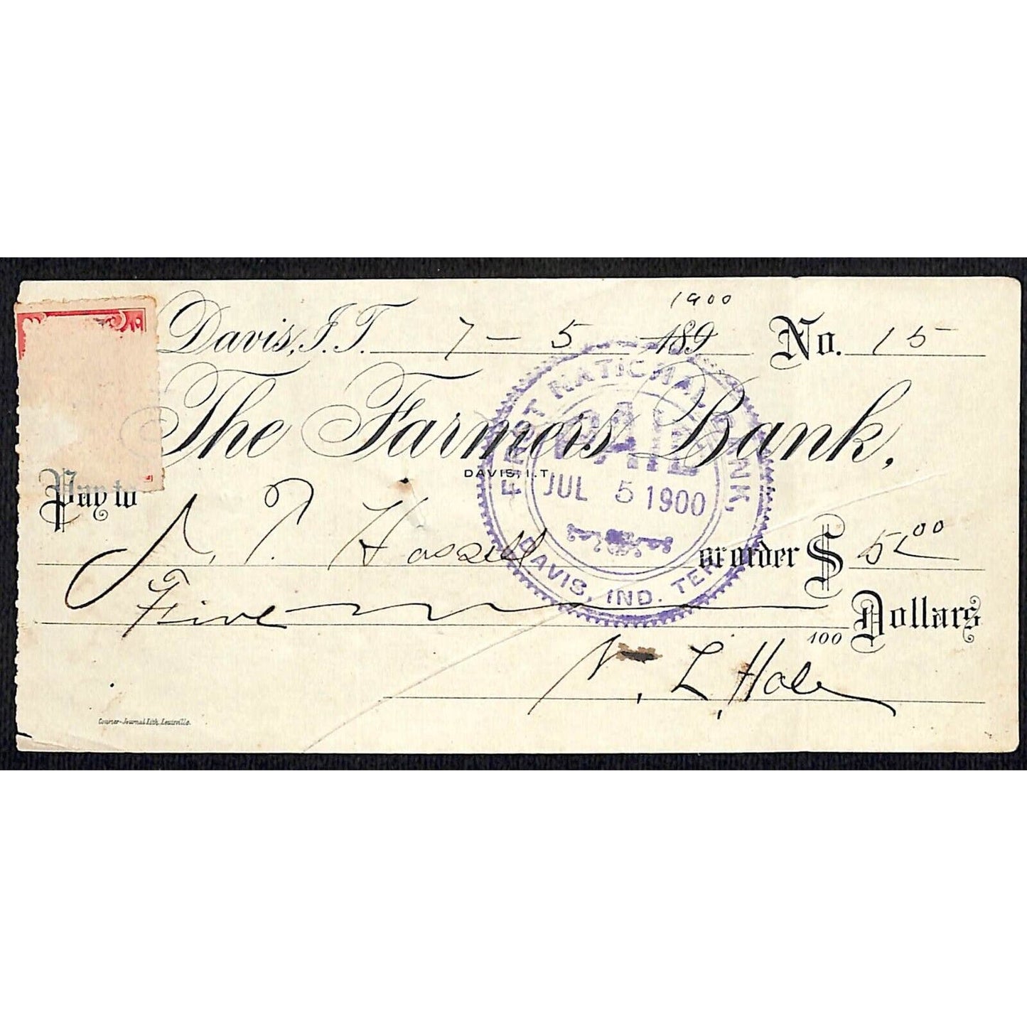 Davis, OK Indian Territory "The Farmers Bank" Check - Scarce