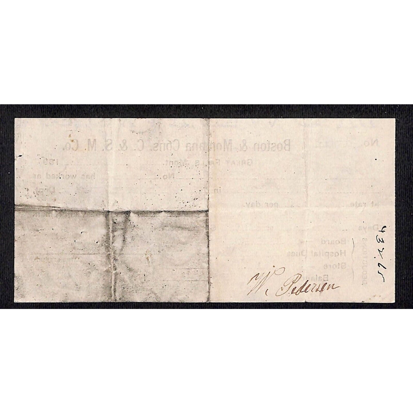 Great Falls Montana - 1890 Pay less Board, Hospital & Company Store Receipt