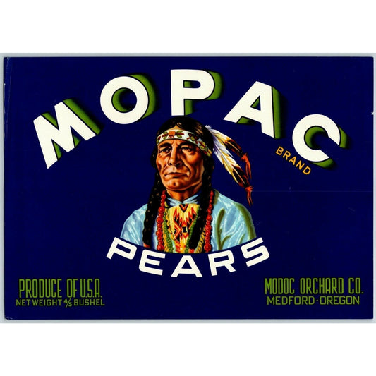 Mopac Brand Pears Vintage Original Paper Fruit Crate Label Native American