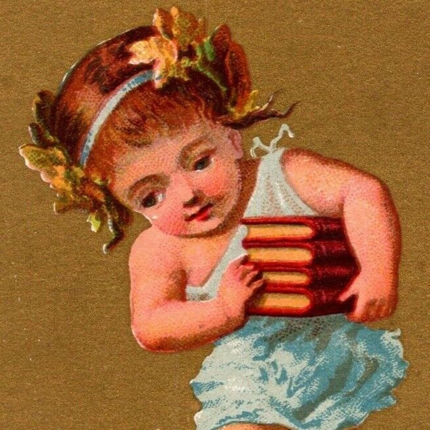 Gilt "Aout" Child Carries Books (Soapine) Unmarked Victorian Trade Card