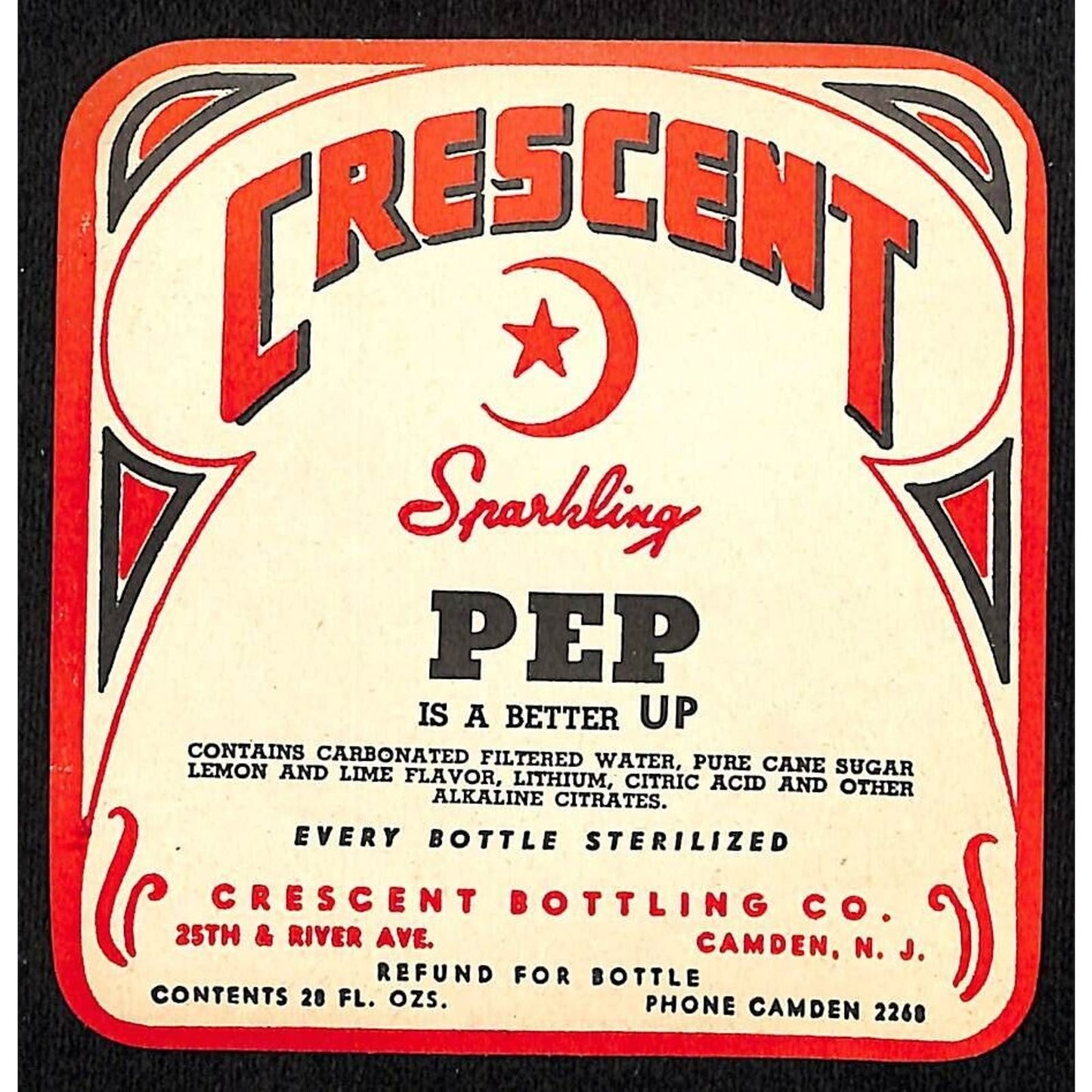 Crescent Sparkling PEP Soda Paper Label Camden, NJ c1930's-40's