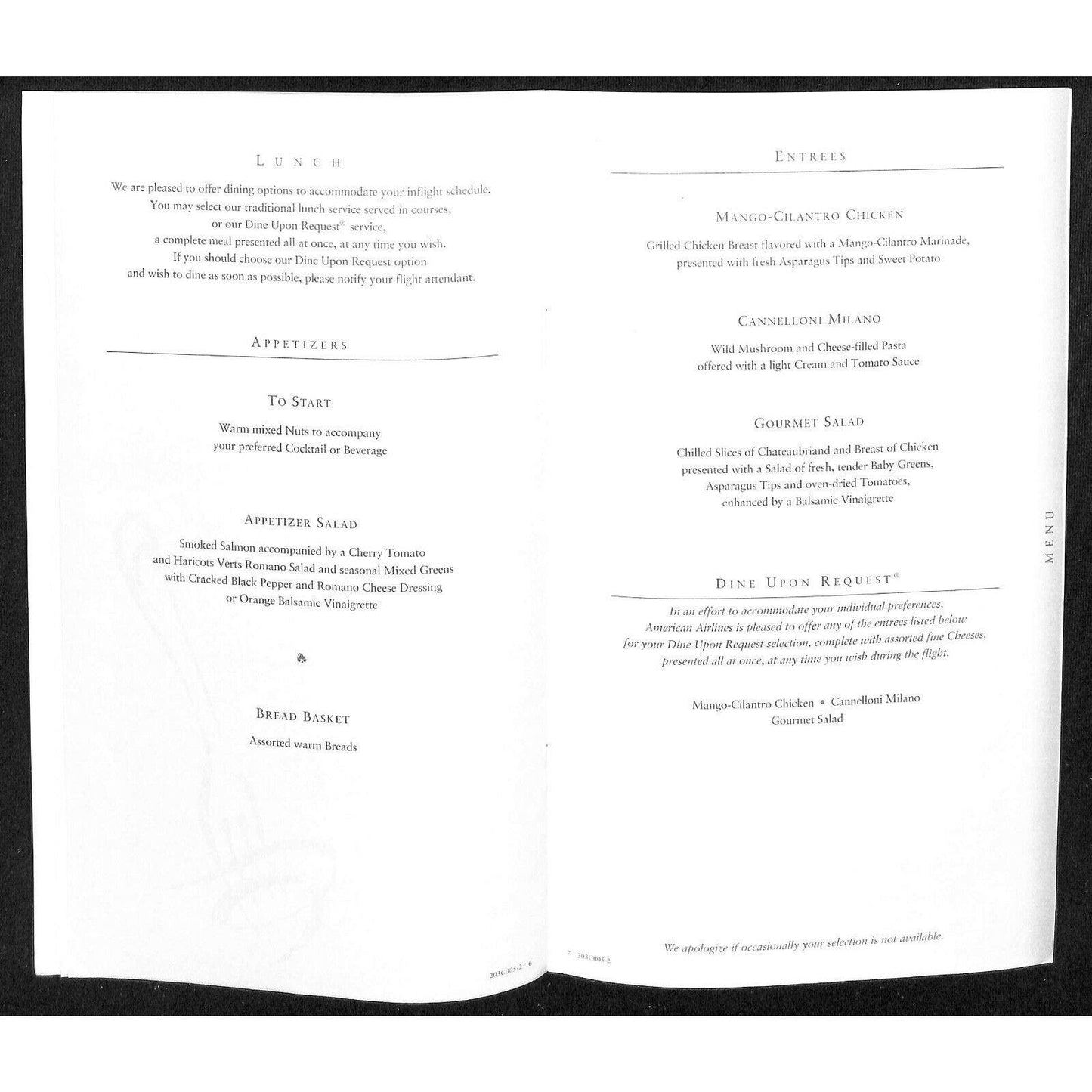 2003 American Airlines First Class Lunch, Entre & Wine Menu Richard Erye Photo