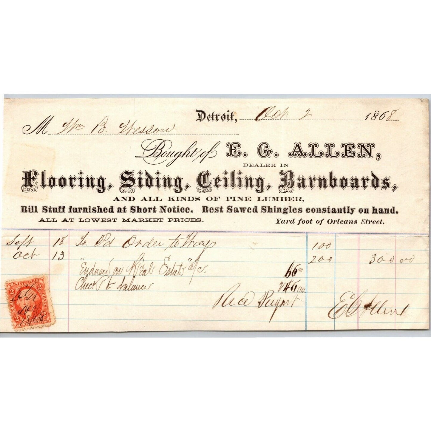 Detroit Letterhead E.G. Allen Flooring Siding Barnboards 1868 - w/ Rev Stamp