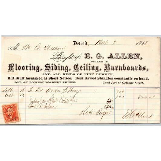 Detroit Letterhead E.G. Allen Flooring Siding Barnboards 1868 - w/ Rev Stamp