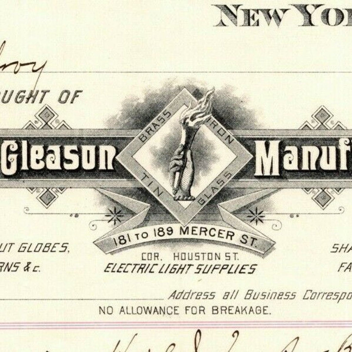 Dec 2 1887 "E. P. Gleason" Cut Glass Globes Billhead Letterhead Mercer St NYC