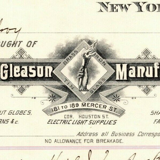 Dec 2 1887 "E. P. Gleason" Cut Glass Globes Billhead Letterhead Mercer St NYC