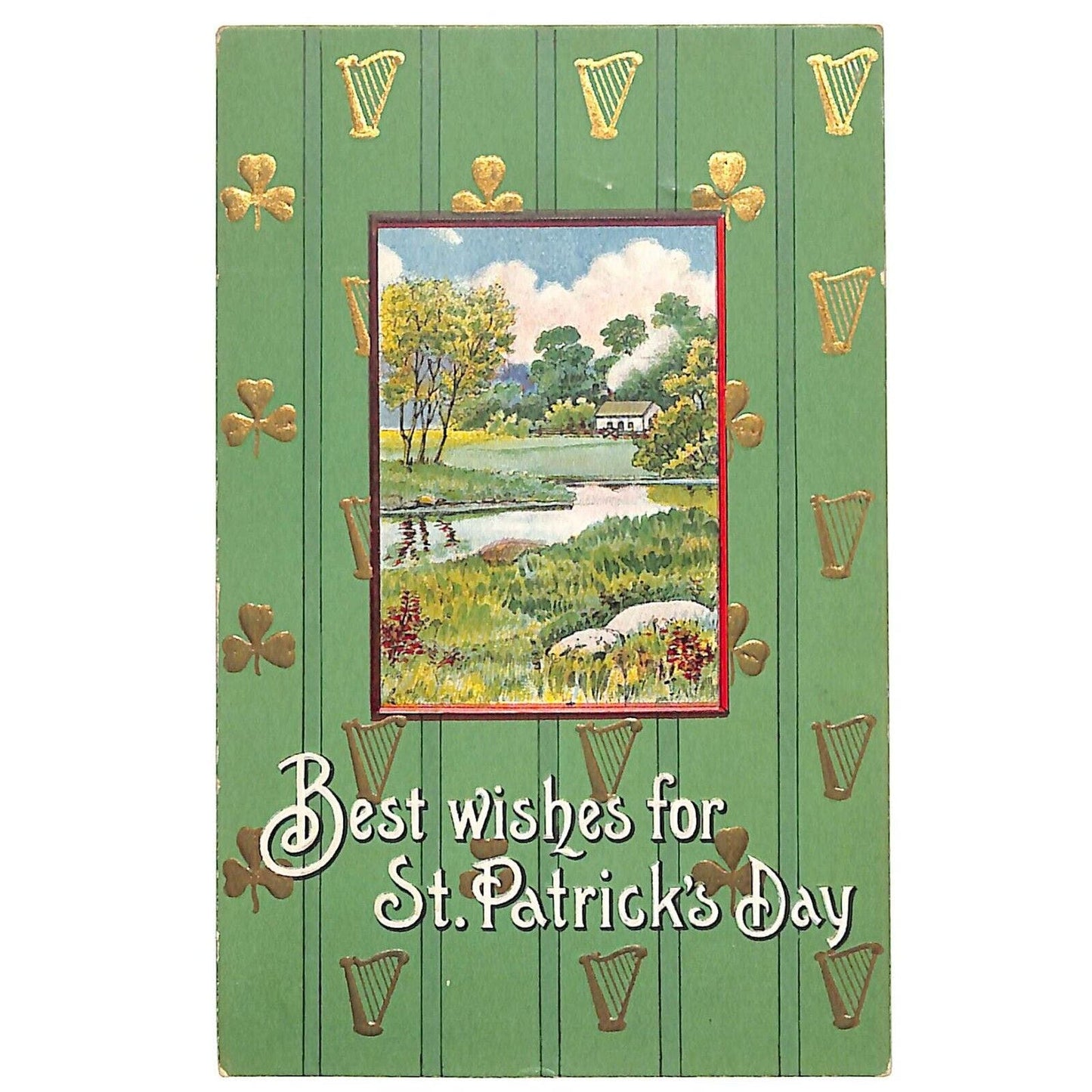 St. Patrick's Day Home Scene Harp Clover Postcard Emb. Mansfield, MASS PM 1914