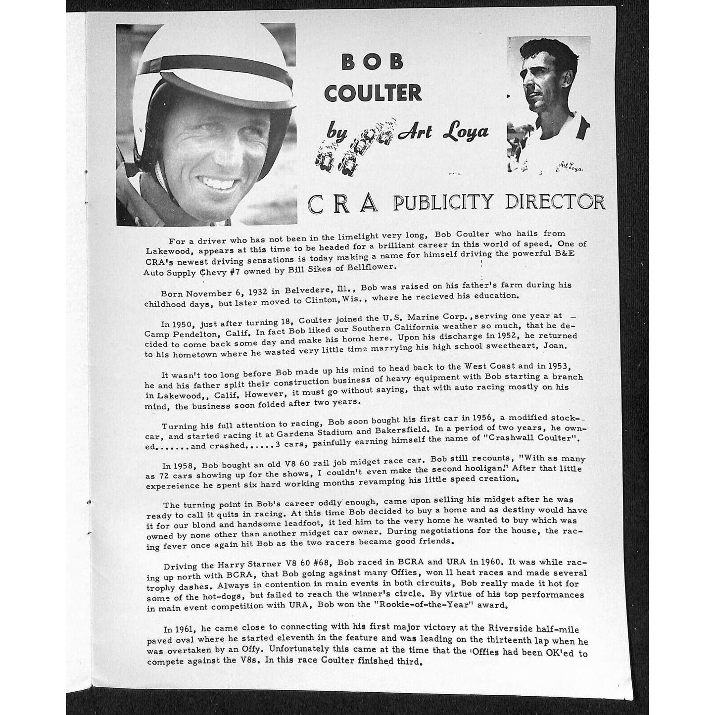 Scarce Aug 18 1962 CRA Big Car Races Auto Racing Program Ascot Bob Coulter 8pp.