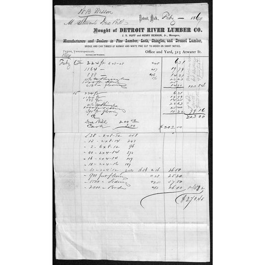 Detroit River Lumber 3pp. Letterhead 1869 w/ Rev Stamp & Dozens of Line Items