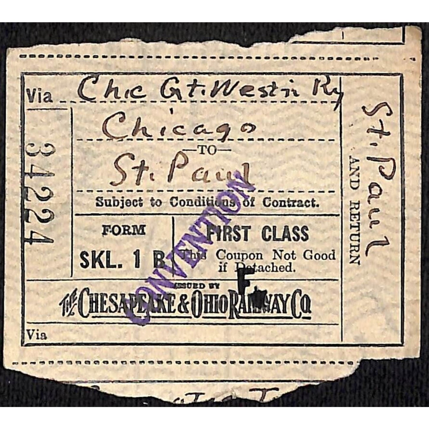 Chesapeake & Ohio Railway "Convention" Ticket 1922 St. Paul Chicago #34224