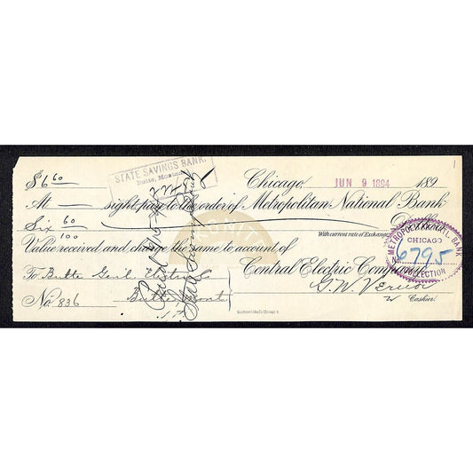 Central Electric Company Chicago Bank Check 1894 w/ Okanite - Scarce
