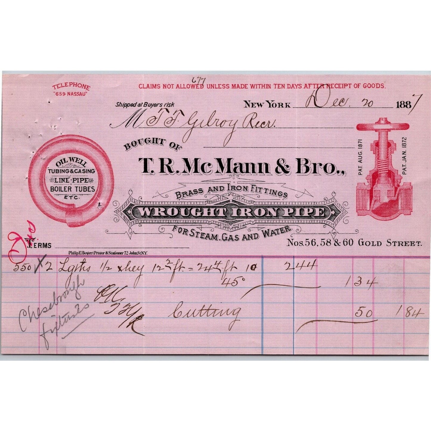 1887 "T. R. Mc Mann & Bros., Wrought Iron Pipe" Billhead Letterhead Gold St, NYC