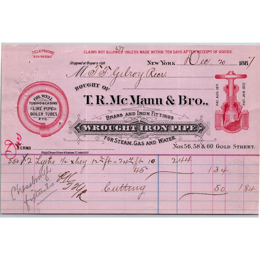 1887 "T. R. Mc Mann & Bros., Wrought Iron Pipe" Billhead Letterhead Gold St, NYC