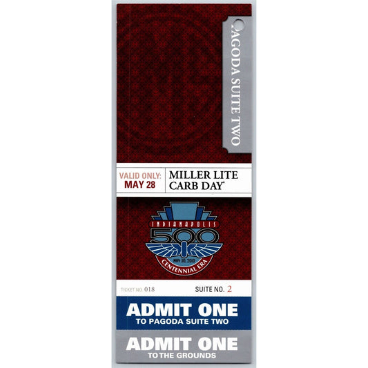 2010 Indy 500 Miller Lite Carb Day 5/28 Pagoda Suite Two Unused Ticket