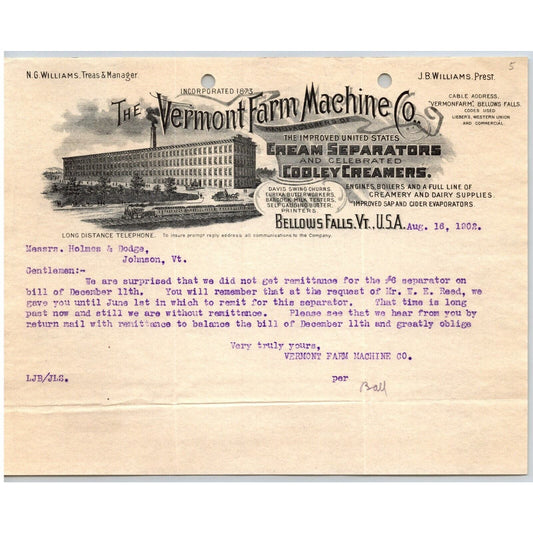 Bellows Falls, VT "Vermont Farm Machine Co" Cream Separators 1902 Billhead