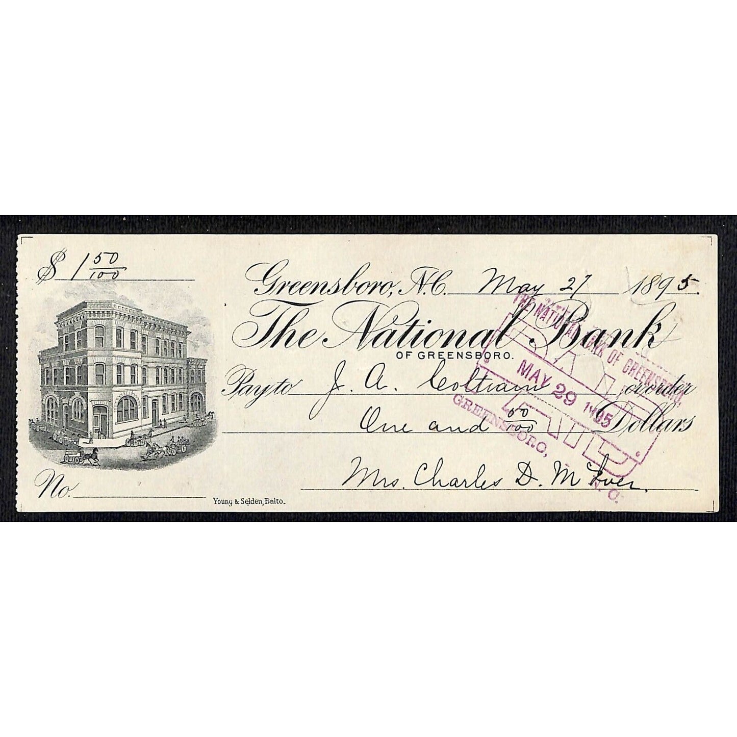Greensboro National Bank Check w/ Building Horse Carriage Street Vignette 1895