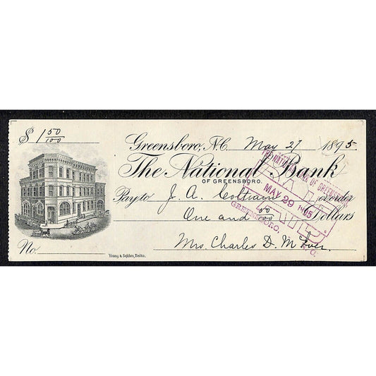 Greensboro National Bank Check w/ Building Horse Carriage Street Vignette 1895