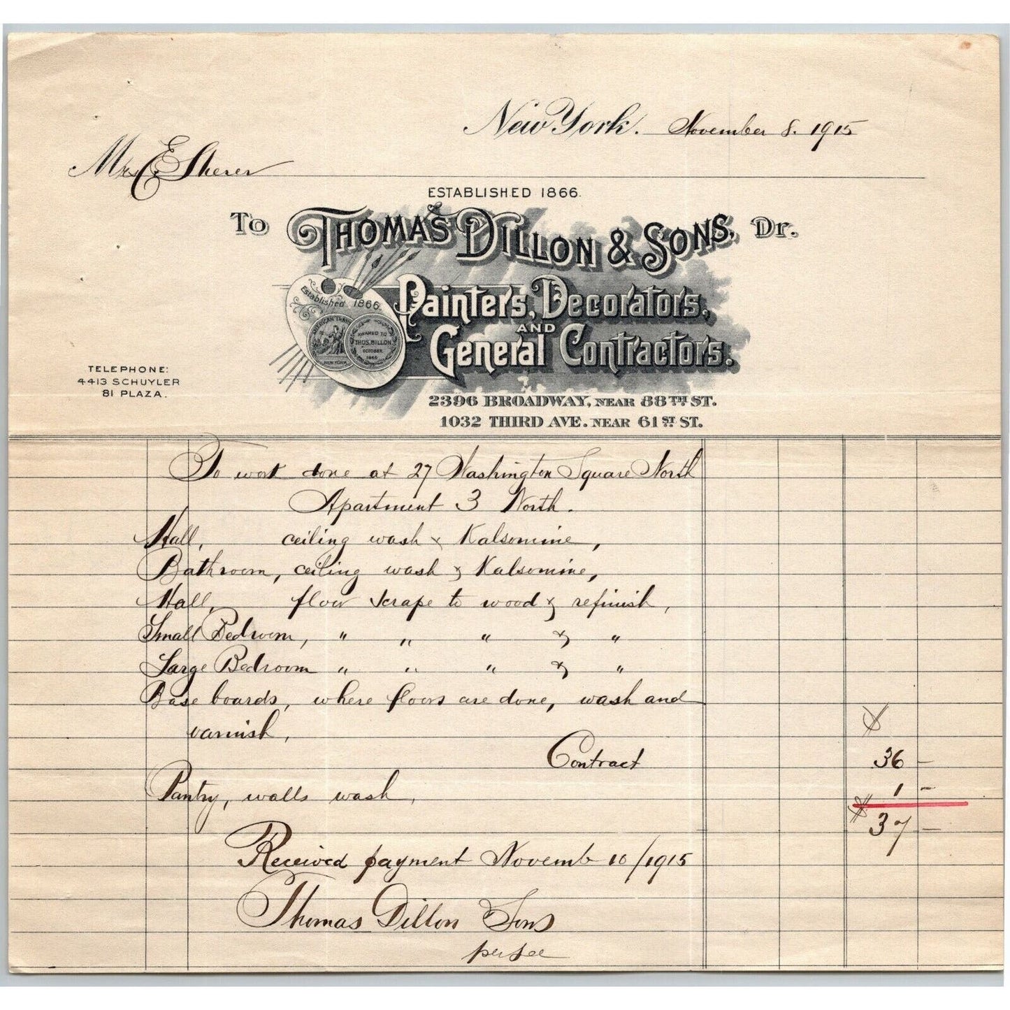1915 "Thomas Dillon & Sons" General Contractors Billhead Letterhead 3rd Ave NYC