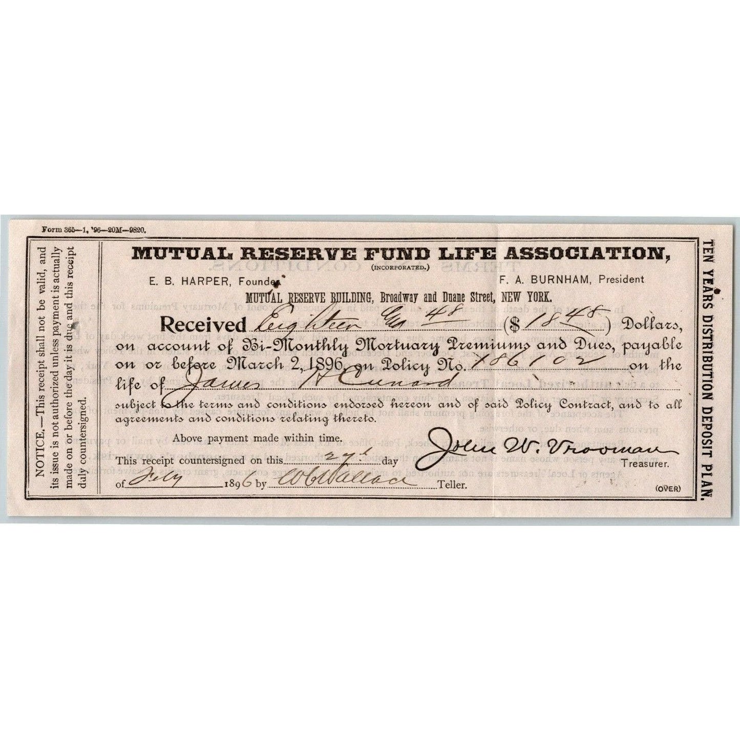 1896 Ex Civil War Soldier Document Mutual Reserve Fund Life Ins. Receipt $18.48