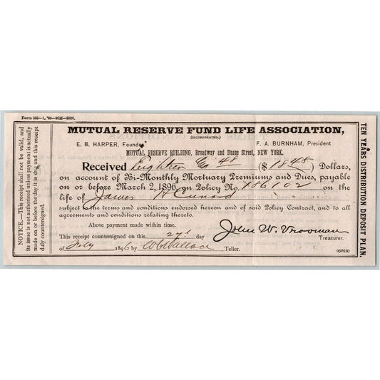 1896 Ex Civil War Soldier Document Mutual Reserve Fund Life Ins. Receipt $18.48