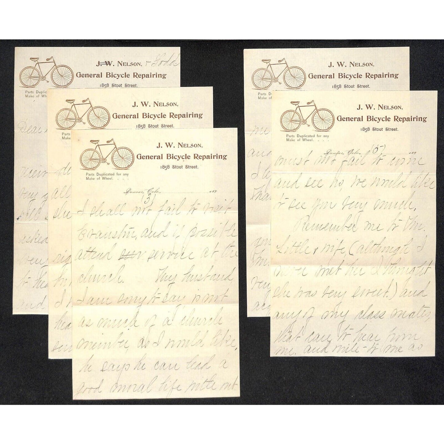 Denver, CO J.W. Nelson 1894 General Bicycle Repairing Letterhead 5pp ALS VGC