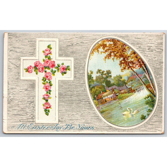Easter Postcard" All Easter Joys Be Yours" Floral Cross Church Emb. NP c1910-15