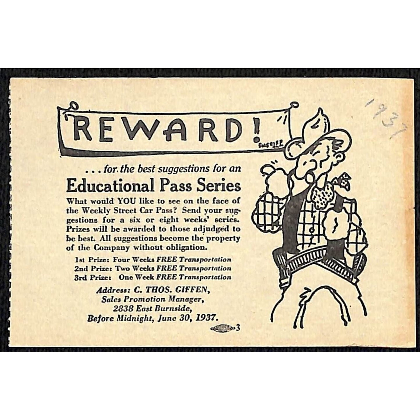 1937 Reward! Cowboy Gunslinger Weekly Car Pass Art Contest- Hand Out