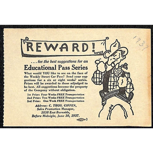 1937 Reward! Cowboy Gunslinger Weekly Car Pass Art Contest- Hand Out