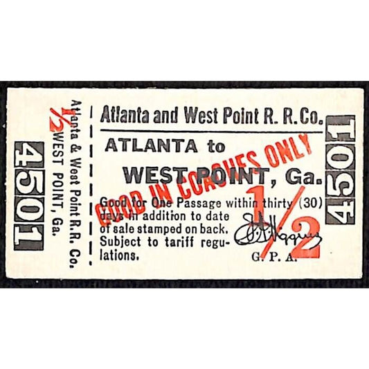 Atlanta and West Point Railroad Ticket 1/2 #4501 Unused "VOID"