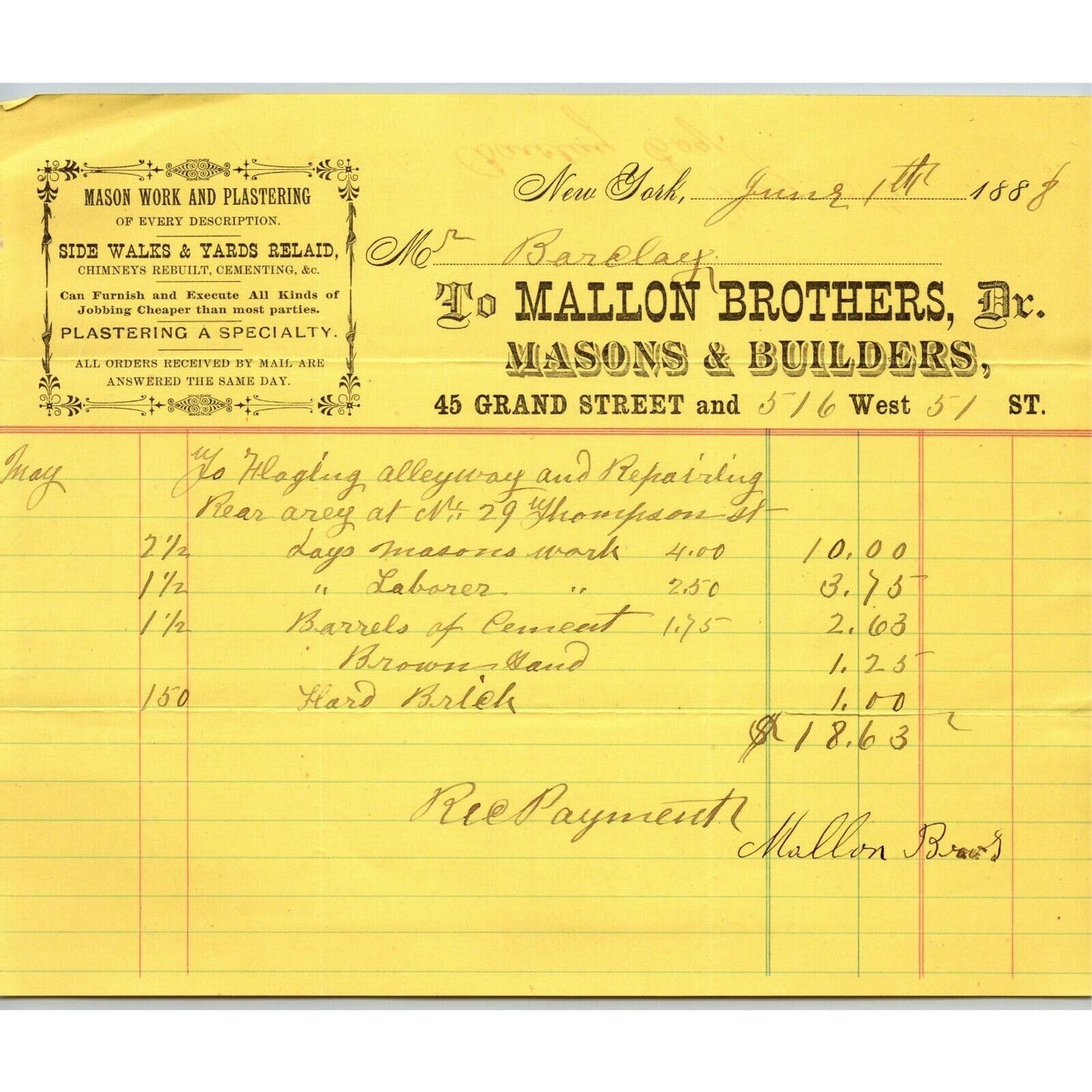 1888 Mallon Brothers Masons Letterhead Billhead 45 Grand St & W 51st St NYC