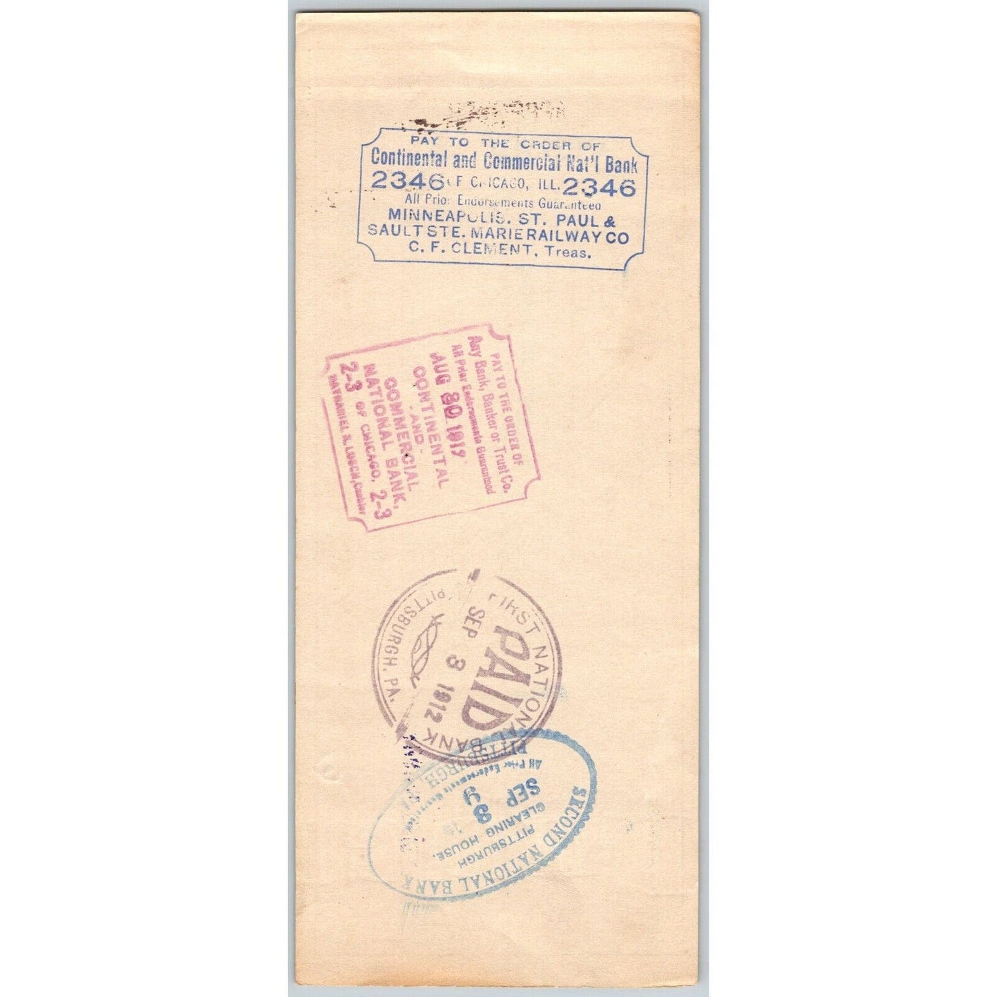 Minneapolis, St. Paul and Sault Ste. Marie Railway 1912 Bank Check VGC