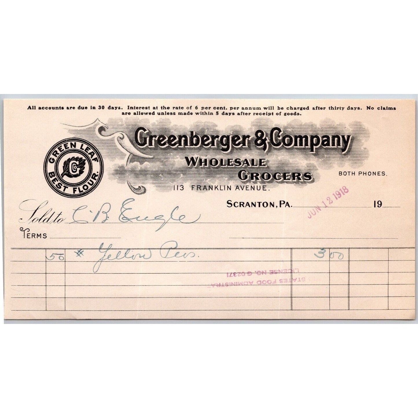 Scranton PA Greenberger & Co. Grocers 1918 "C.B. Engel" Billhead Yellow Peas
