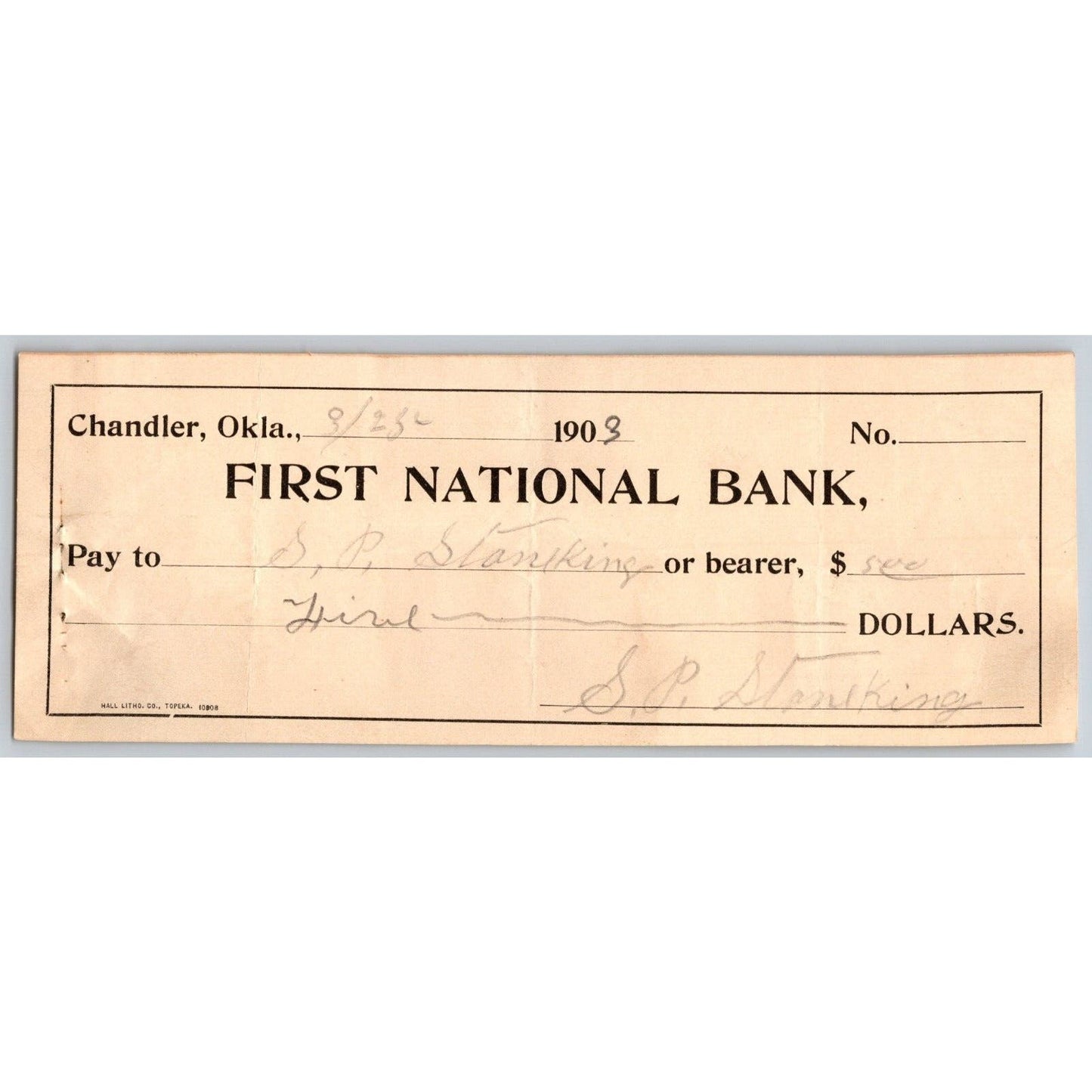 Chandler, Oklahoma 1903 Territorial FNB Bank Check Scarce
