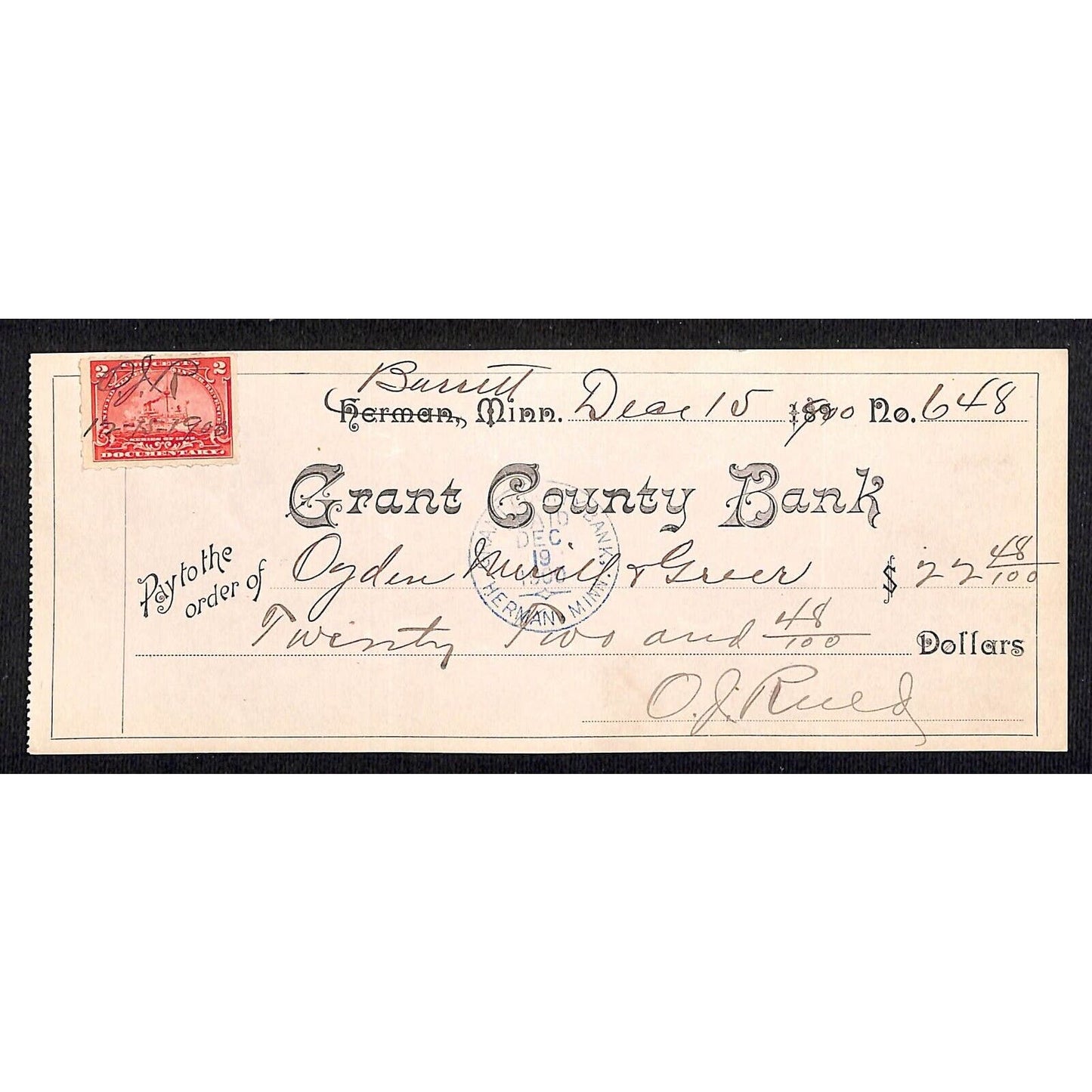 Herman MN Grant County Bank Check w/ Rev. Stamp - Scarce