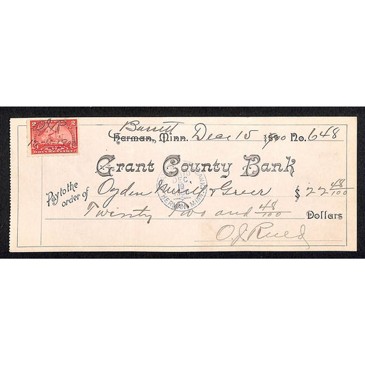 Herman MN Grant County Bank Check w/ Rev. Stamp - Scarce