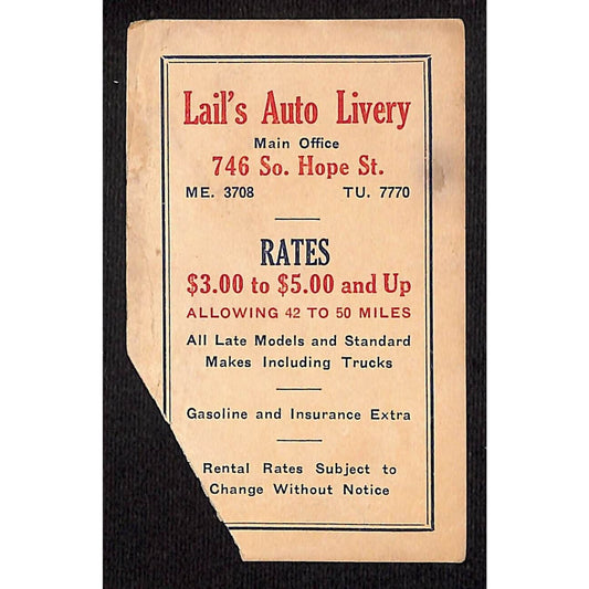 Lail's Auto Livery Hope St. LA Car Rental Business Trade Card c1928 Damage