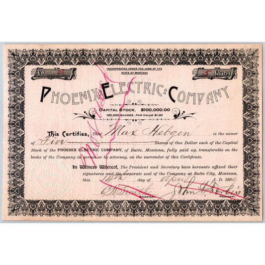 Butte, MT Phoenix Electric Company 1899 Stock Certificate - 5 Shares Cert #25