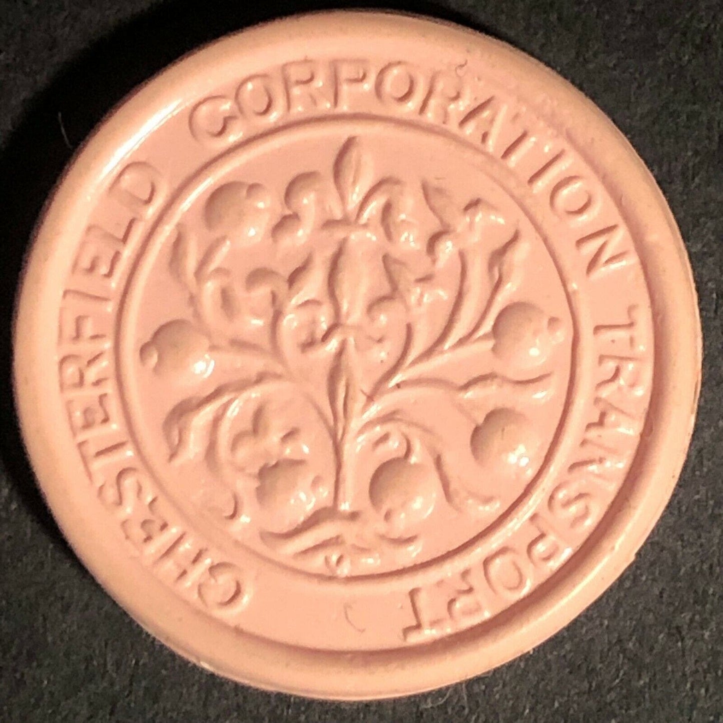 Chesterfield Transport England Plastic Token Peach / Pink 3D 23mm c50's-60's