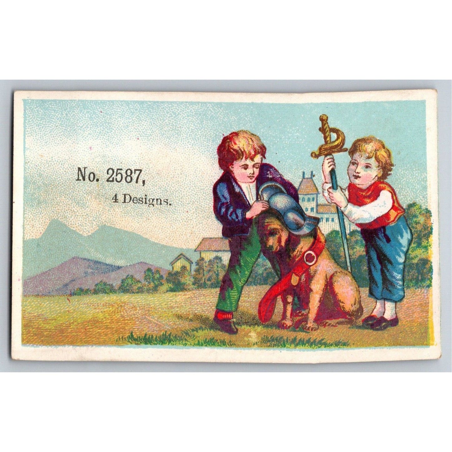 Kids Play Soldier With Dog Sword Helmut SAMPLE Victorian Trade Card - Scarce