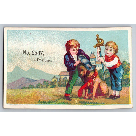 Kids Play Soldier With Dog Sword Helmut SAMPLE Victorian Trade Card - Scarce