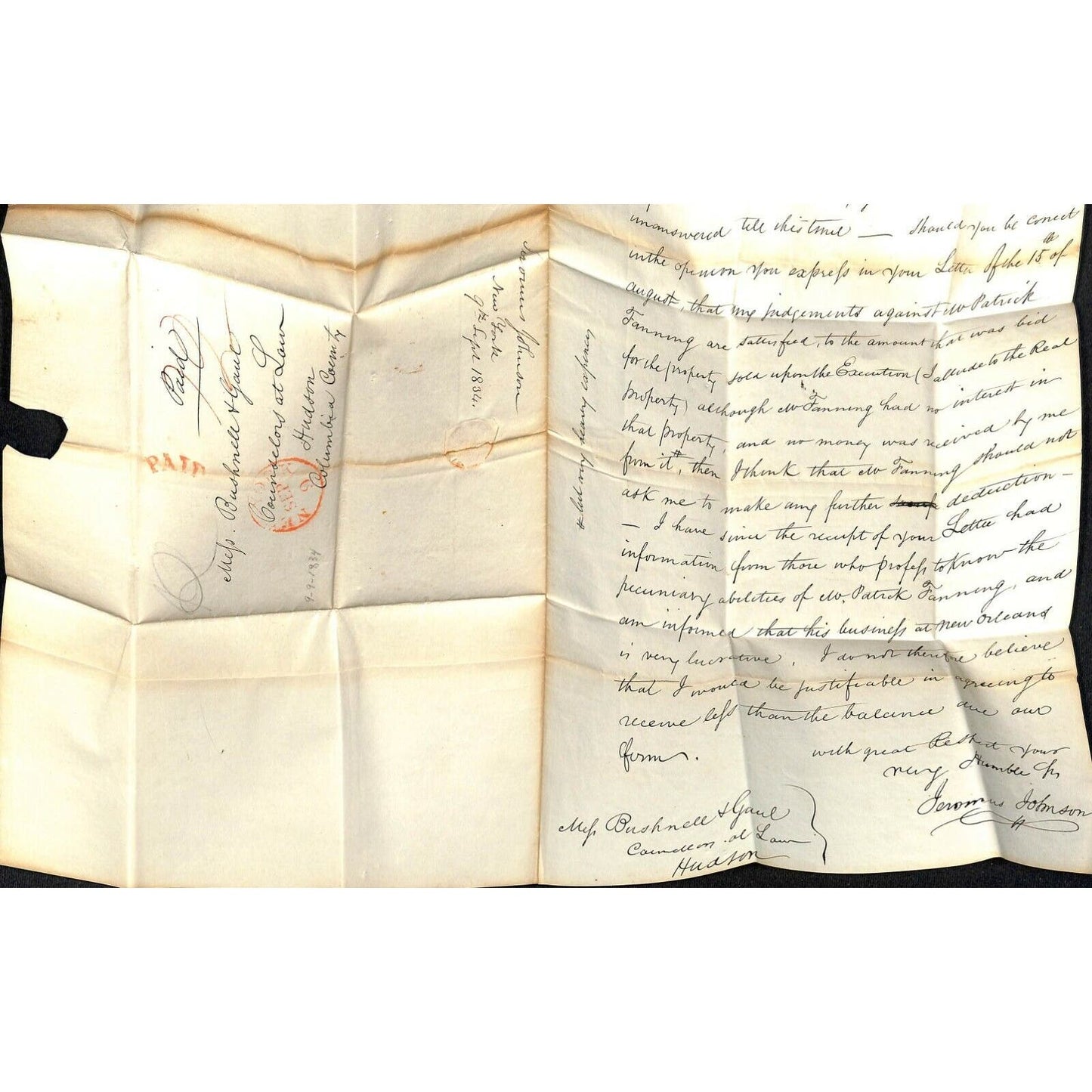 1834 New York Letter Cover re: Interest & Payment for Real Property - Document