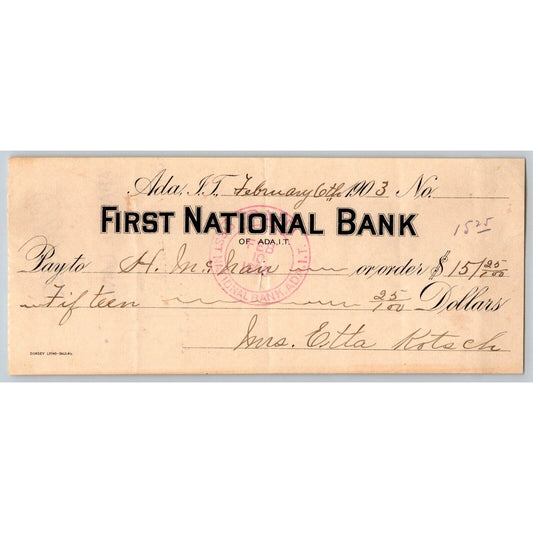 Ada, Oklahoma 1903 Indian Territory $15.25 First National Bank Check - Scarce