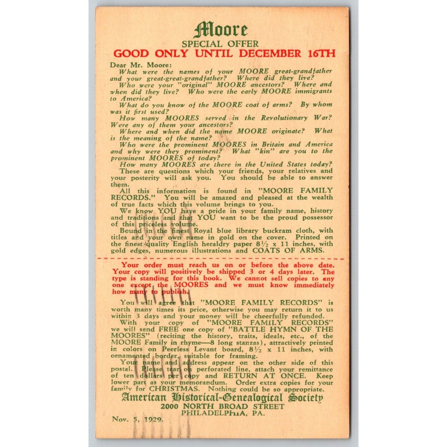 American Historical Genealogical Society Phila. Spec. Offer Reply Postcard 1929