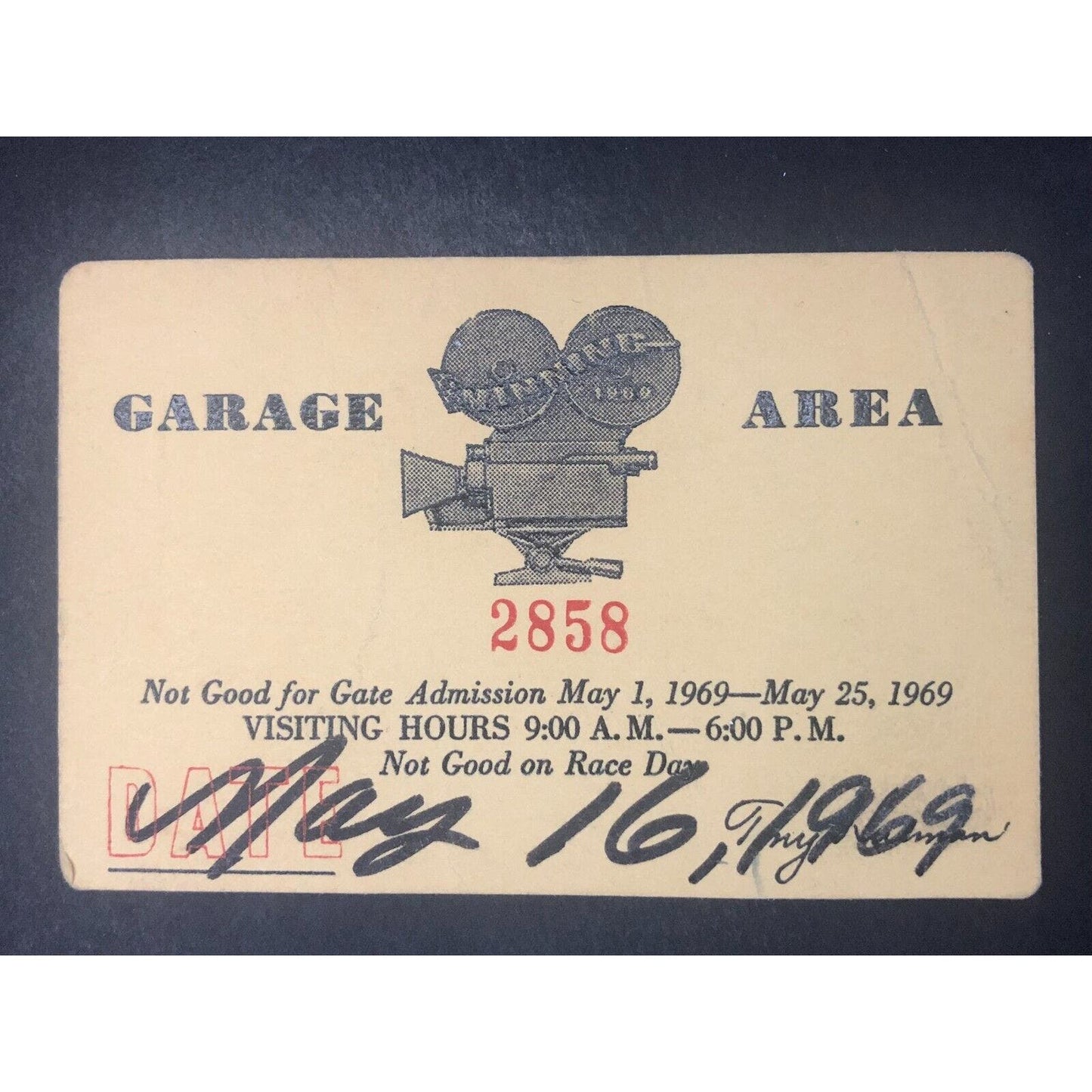 IMS Indianapolis Motor Speedway Garage Area Pass / Card May 16 1969 Media?
