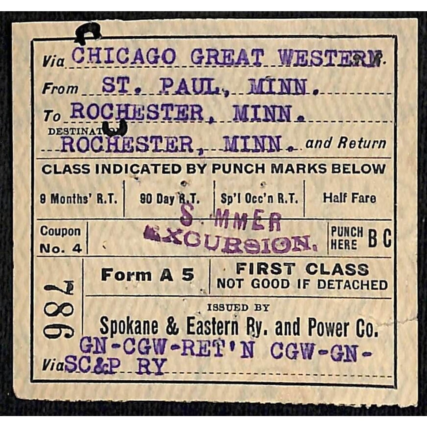 Spokane & Eastern Railway and Power Ticket St. Paul 1927 #786 Scarce