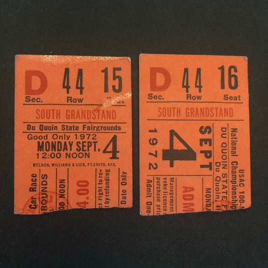 2 1972 Du Quoin State Fair USAC 100 Mile Car Race Ticket Stubs