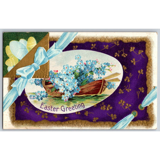 Easter Postcard "Easter Greetings" Floral Boat Gilt Ribbon Emb. NP c1915