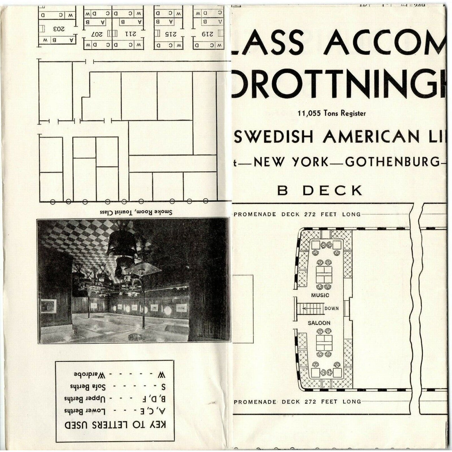 1938 Swedish American Line Drottningholm Tourist Cl Deck Plan Single Sheet - VGC