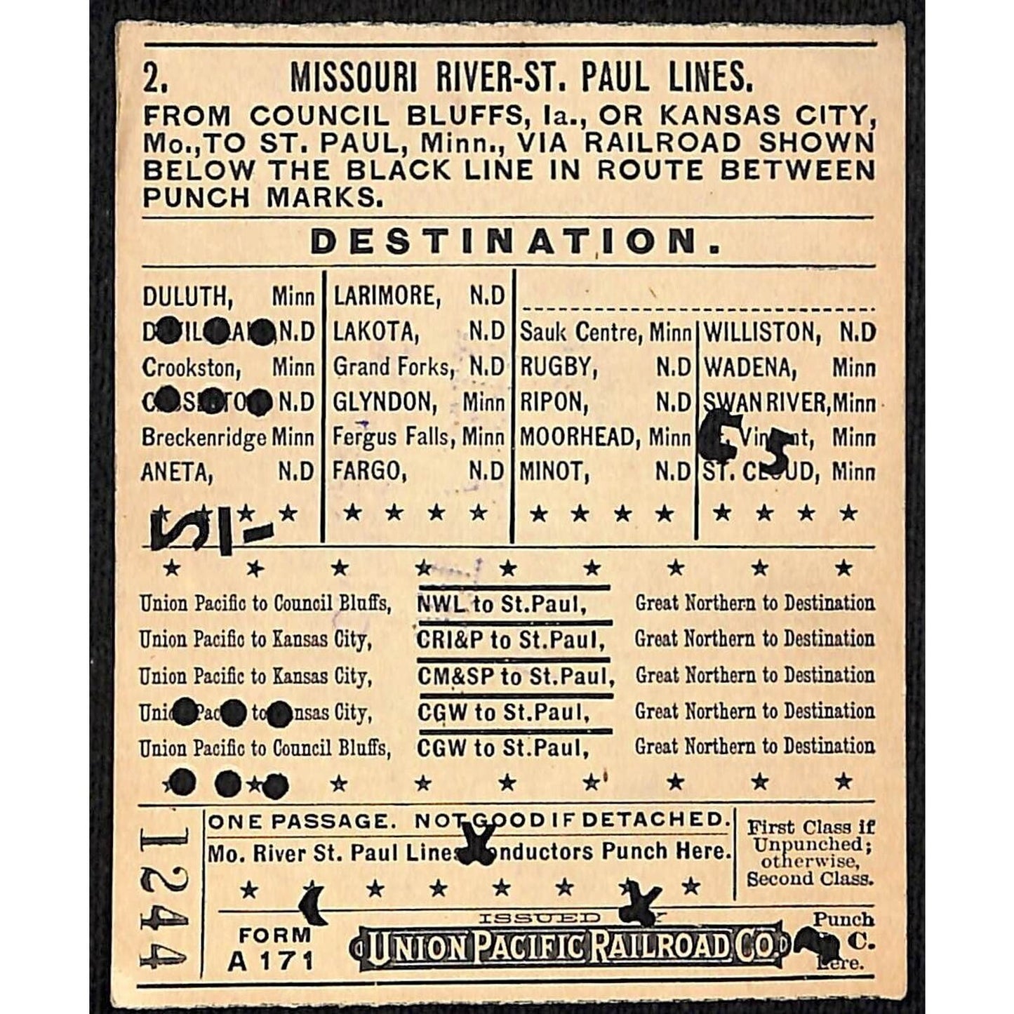 1912 Union Pacific Railroad Ticket Missouri River St. Paul Council Bluffs #1244